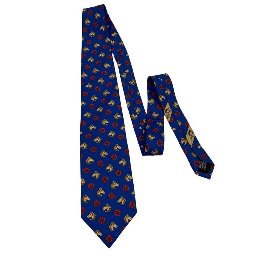 Longchamp Blue Silk Tie with Red and Gold Motif